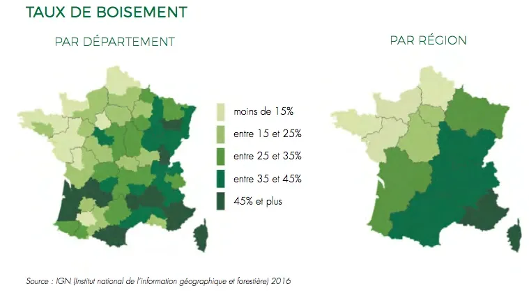 Cartes du taux de boisement par département et par région (de moins de 15 % à 45 % et plus), source IGN 2016
