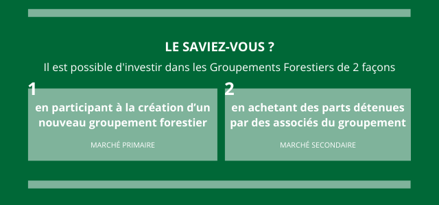 Le saviez-vous ? Il est possible d'investir dans les Groupements Forestiers de 2 façons : en participant à la création d'un nouveau groupement forestier (marché primaire) ou en achetant des parts détenues par des associés du groupement (marché secondaire)